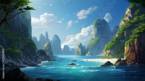 a scene highlighting the beauty of an island with dramatic sea cliffs and hidden caves