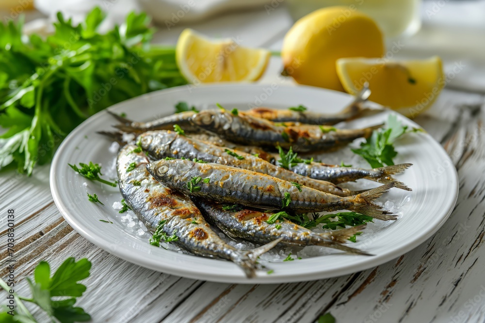 Sardines, lemon, greenery and salt on white plate on wooden kitchen table. Mediterranean cuisine Sardines, lemon, greenery and salt on white plate on wooden kitchen table. Mediterranean cuisine