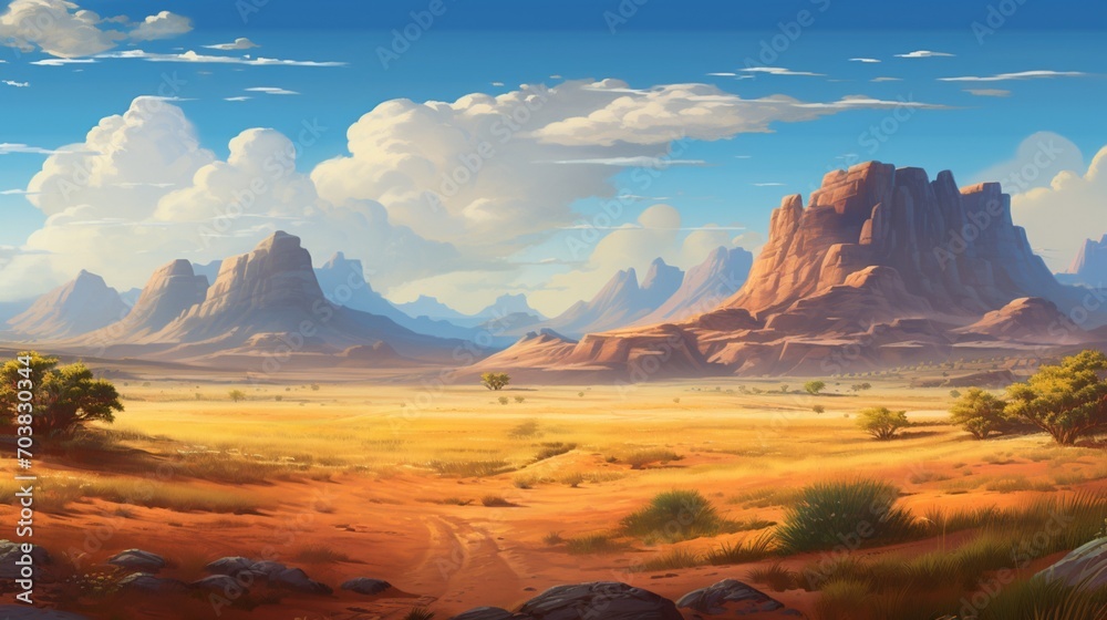 a scene highlighting the beauty of a desert landscape with distant mountains