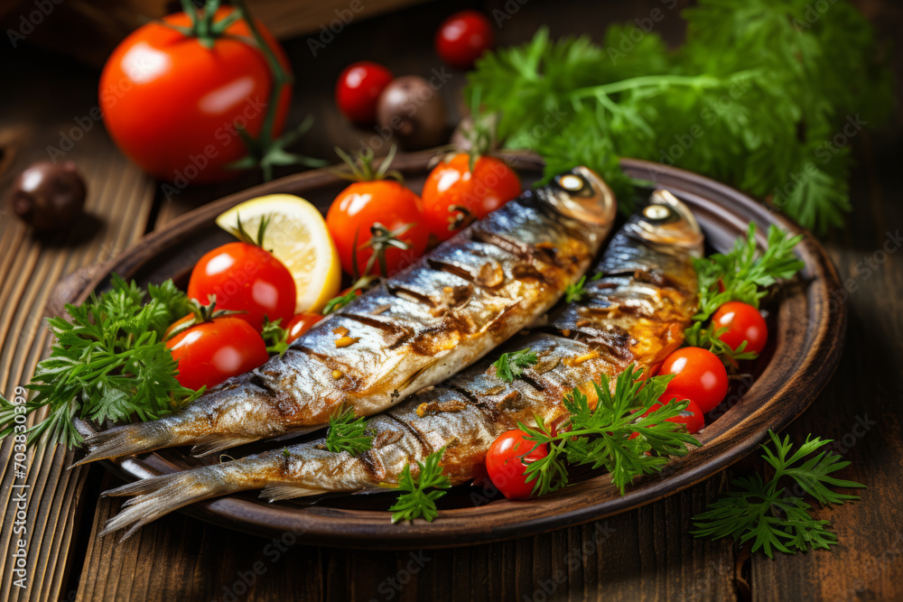 Delicious grilled sardines with lemon. greens and tomato on the brown clay plate on the wooden table Delicious grilled sardines with lemon. greens and tomato on the brown clay plate on the wooden table