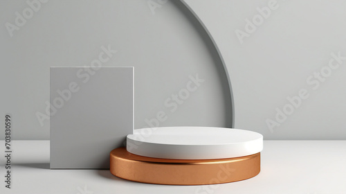 Contemporary White and Gold Cylinder Podium with Copper Accents: Minimalist 3D Render Studio Display