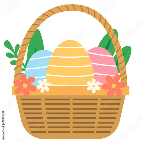 colorful easter egg in woven basket  with flower and leaves