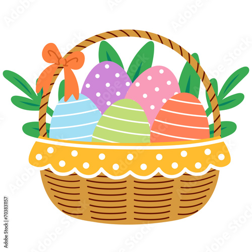 woven basket with colorful easter egg and leaves
