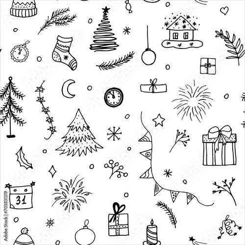 Christmas doodle seamless pattern. New year celebration elements. Christmas decorations set. Hand-drawn vector illustration. Holiday gift wrapping.