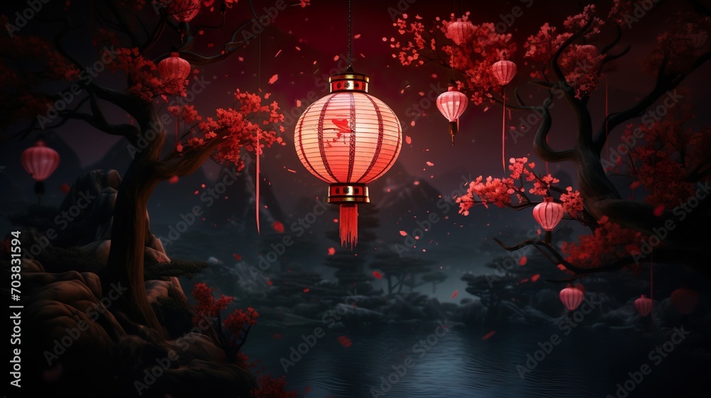 Photo red lantern Chinese new year festival in dark theme background. Generative Ai