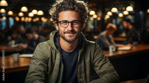 Young man with glasses sitting in a restaurant and looking at the camera. Boy in casual clothes in a bar. Background with copy space. photo