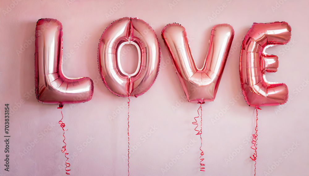 balloons words love hanging on pink wall; valentines day concept - obrazy, fototapety, plakaty 