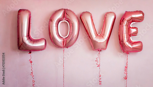 balloons words love hanging on pink wall; valentines day concept