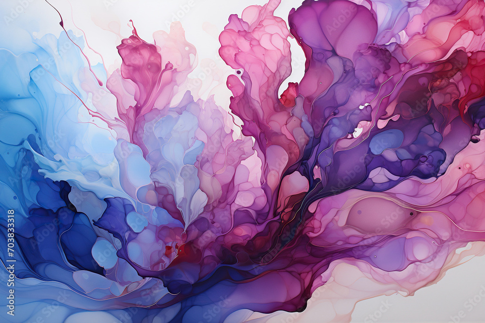 Ethereal Ink Swirls, Purple Blue Alcohol Ink Rendering Background
