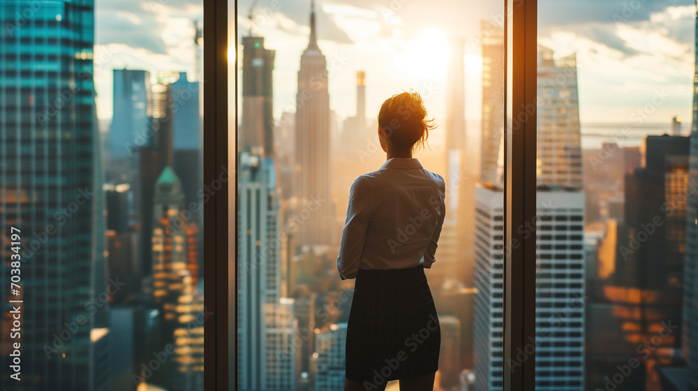 Fototapeta premium Businesswoman standing in office room on the Skyscraper in New York