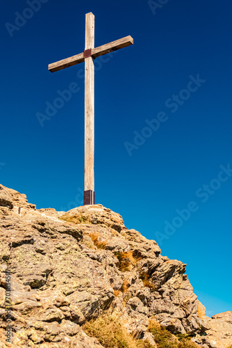 Summer view with a summit cross at Mount Arber, King of the Bavarian Forest, Top of Lower Bavaria, Bayerisch Eisenstein, Bodenmais, Bavaria, Germany