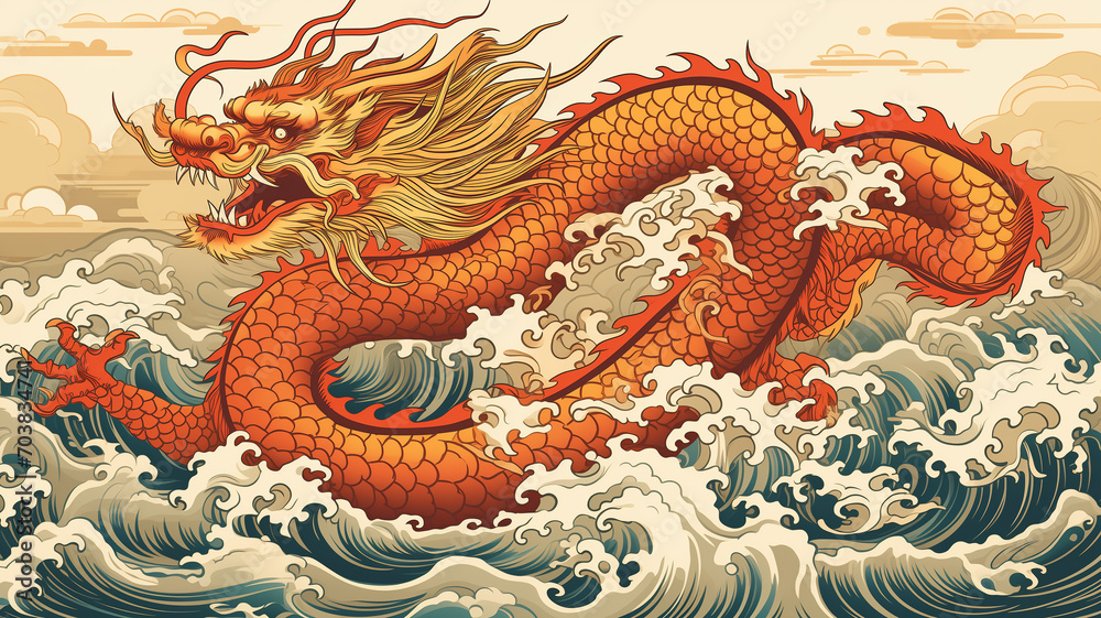 Fototapeta premium Traditional Chinese dragon engraving illustration. Chinese year of the dragon