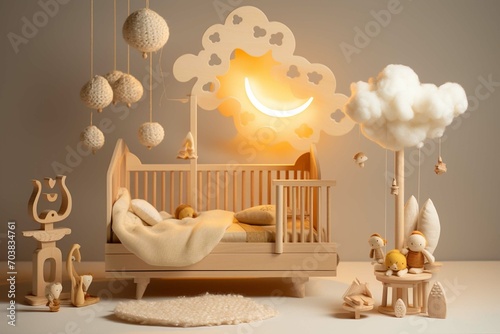 Wooden baby room furniture bed and crib, sun and cloud toys and frame style