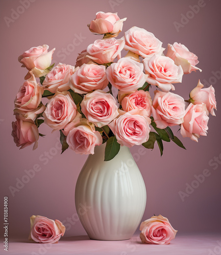 A vase of beautiful roses, in the style dramatic splendor white background, light white and dark pink © StanMikov 