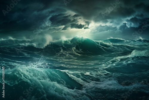 Sea Storm view, waves with foam in storm, seascape, sea or ocean under dark blue clouds, turquoise colour of water. Mountains coastline. Big Waves.