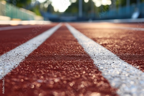 Red running track at the track and field stadium, low angle. The rough pavement is delineated with white lines. photo