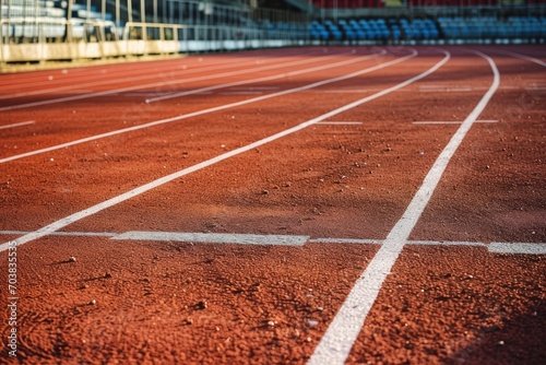Red running track at the track and field stadium, low angle. The rough pavement is delineated with white lines.
