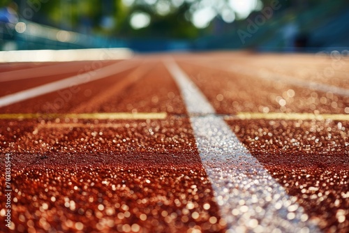 Red running track at the track and field stadium, low angle. The rough pavement is delineated with white lines. photo