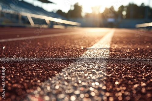 Red running track at the track and field stadium, low angle. The rough pavement is delineated with white lines. photo