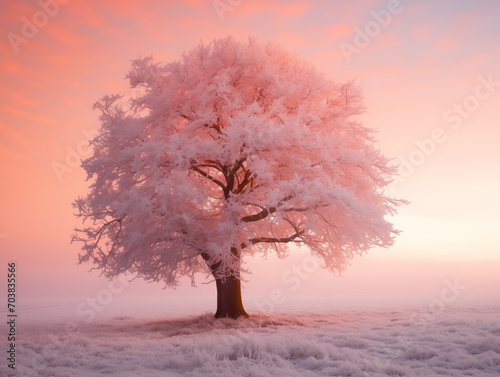 Tree in a field with snow and sunset. Calm winter landscape