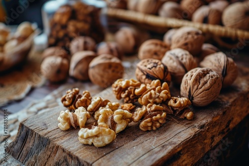 Walnuts whole unpeeled and cracked peeled on a wooden board on a rustic table.