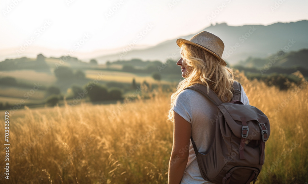 Female hiker traveling, walking alone outdoors with a beautiful summer landscape