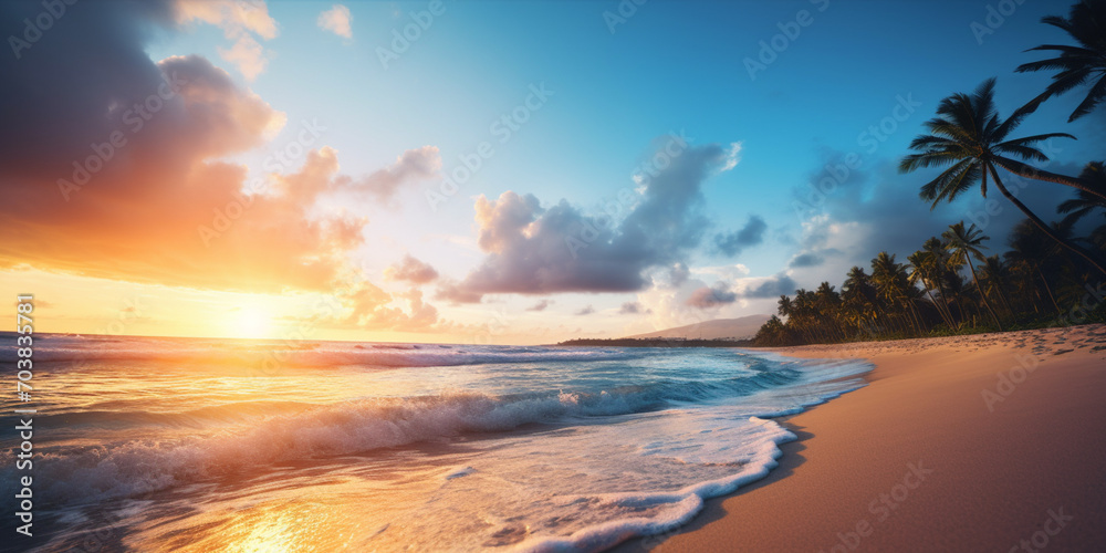 Tropical beach panorama view, coastline with palms, Caribbean sea in sunny day, summer time, Tropical seascape with Palm trees.