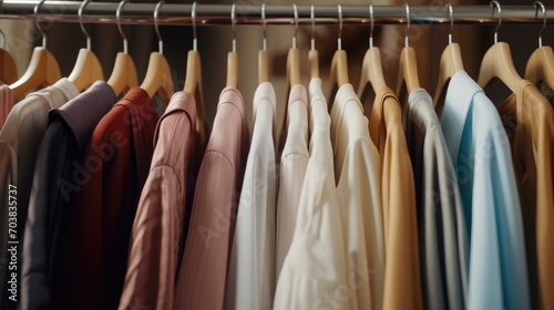 A row of colorful shirts hangs on a long rack. A window in a clothing store.