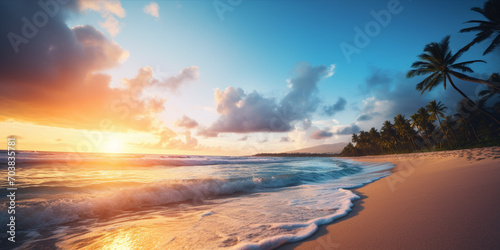 Tropical beach panorama view, coastline with palms, Caribbean sea in sunny day, summer time, Tropical seascape with Palm trees. © Andrii IURLOV