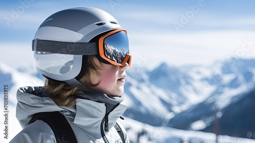 A boy child in ski goggles and equipment looks to the side against the backdrop of a sunny winter mountain landscape