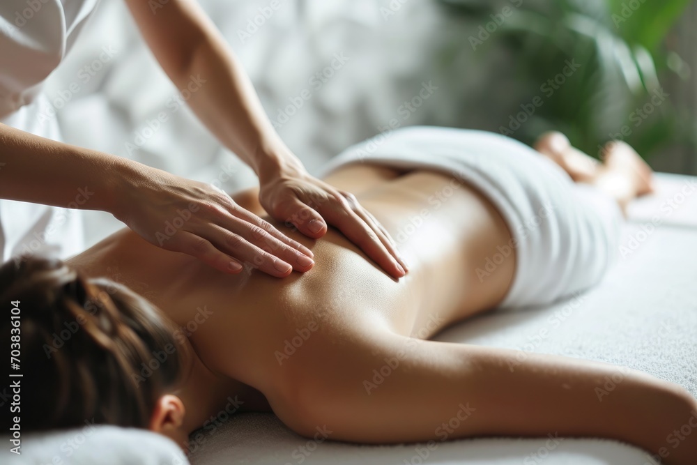 Obraz premium A doctor's hands massaging a young woman's back in a bright room. A cosmetic procedure in a spa salon.