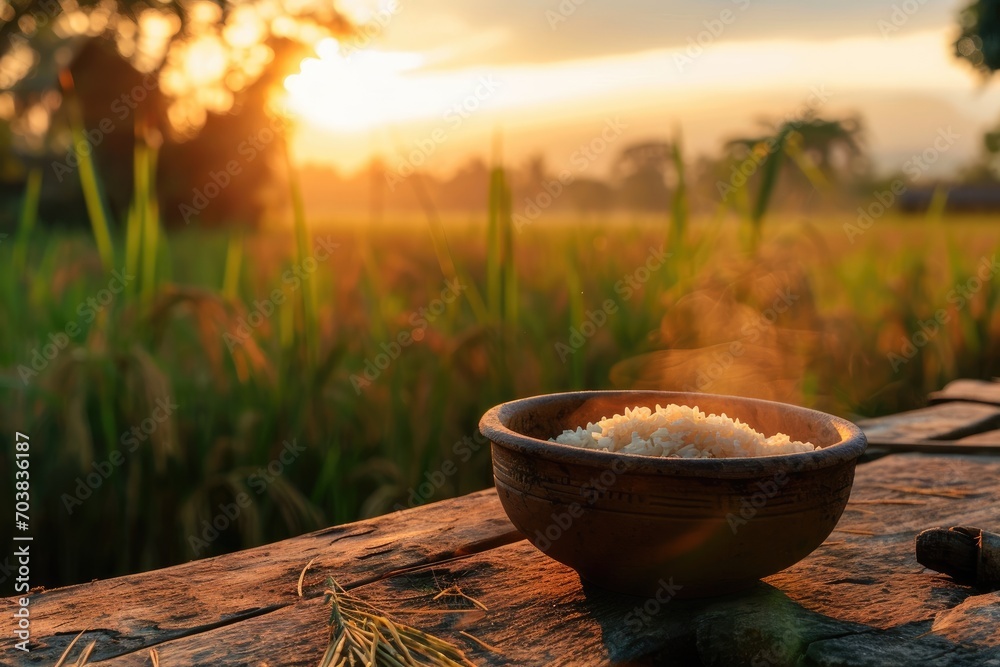 Rice in a clay bowl against a background of rice paddies on a sunset summer day. Traditional Asian dish, peasant dinner. Rice in a clay bowl against a background of rice paddies on a sunset summer day. Traditional Asian dish, peasant dinner.