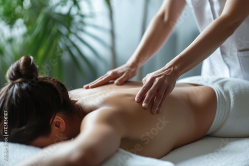 A doctor's hands massaging a young woman's back in a bright room. A cosmetic procedure in a spa salon. photo