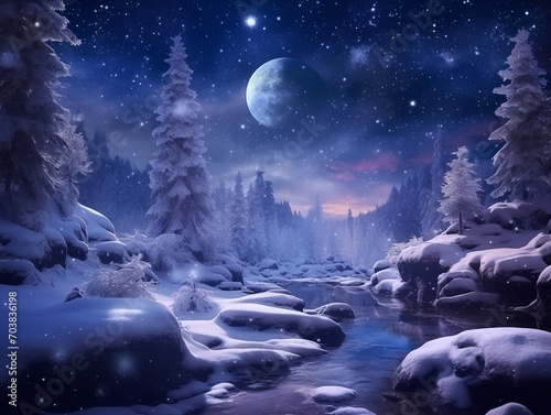 Fairytale forest covered with snow in the moonlight. Winter landscape. New Year concept