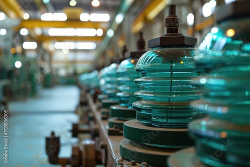 Glass electrical insulators in stock of the manufacturer's plant. Stacks of high voltage equipment for power plants. photo