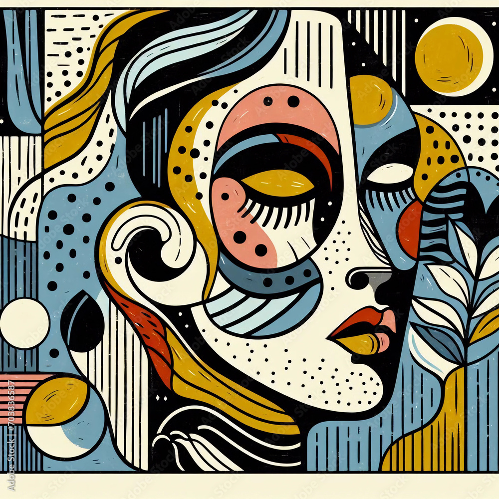 Abstract fine art vector face portrait of people hand drawn illustration. Colorful, line, shapes design for wall art, home decoration, poster, cover, cards and prints.