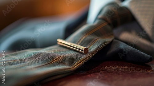 A tastefully decorated tie bar, sleek and refined, adding a touch of sophistication to a tie.