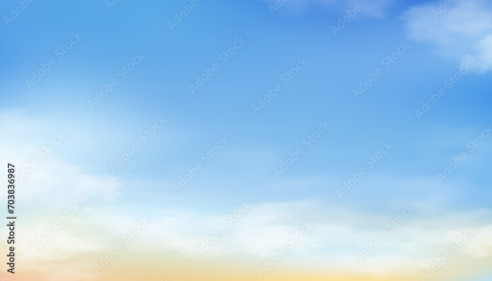 Sky Blue,Cloud Background,Horizon Spring Clear Sky in Morning by the beach,Vector beautiful landscape nature sunrise in Summer,Backdrop panoramic banner white soft fluffy clouds