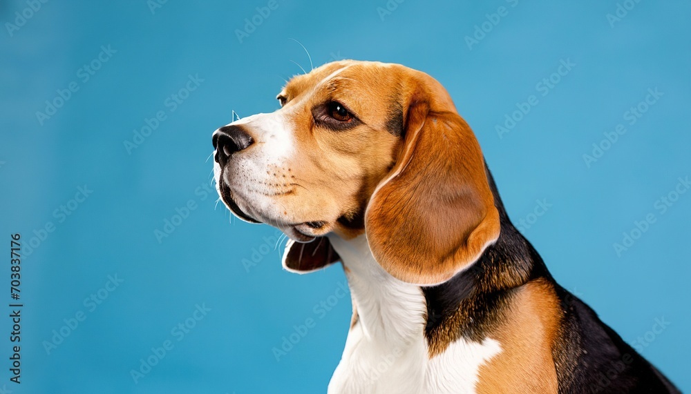 Close-up portrait of an adorable dog, isolated on a blue background with large copy space.
