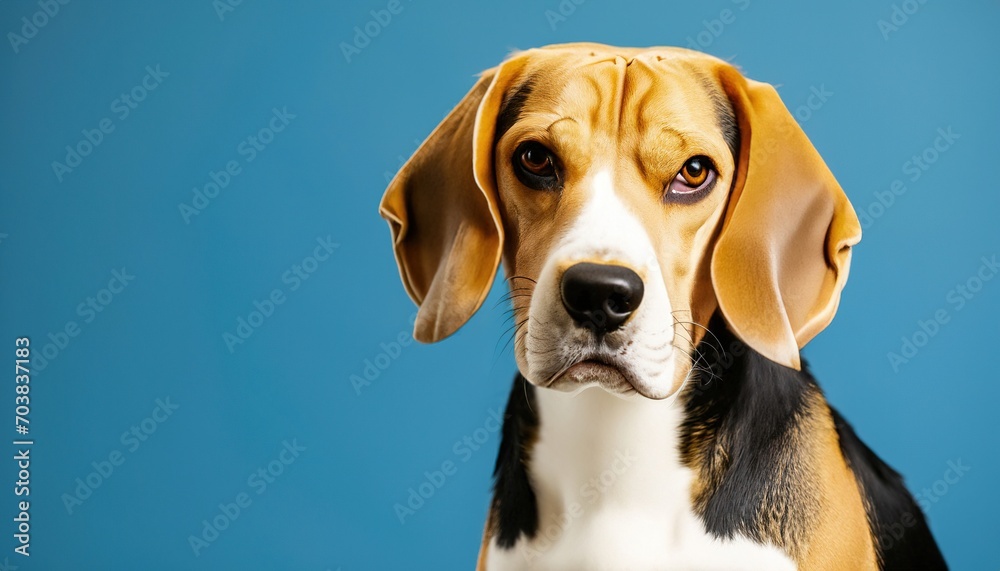 Close-up portrait of an adorable dog, isolated on a blue background with large copy space. Close-up portrait of an adorable dog, isolated on a blue background with large copy space.