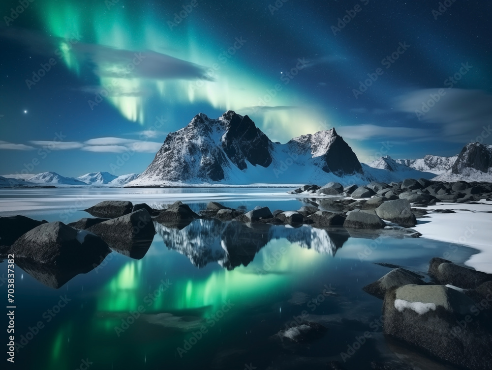 Nothern lights over the sea snowy mountains. Winter landscape. New Year concept