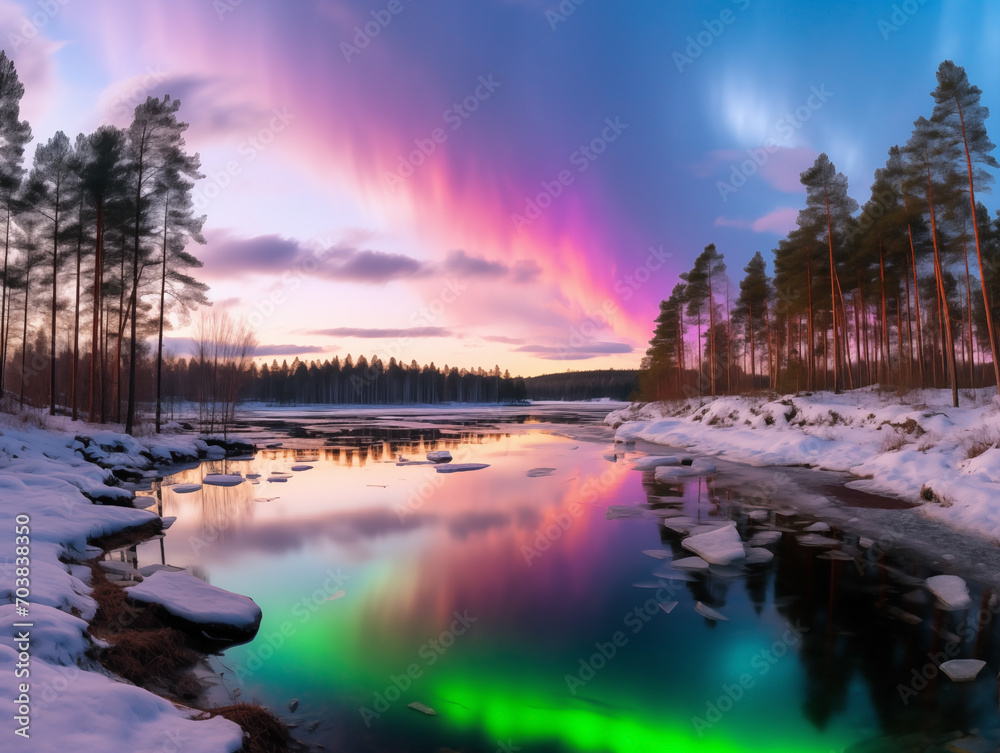 Nothern lights, forest and river winter landscape. New Year concept