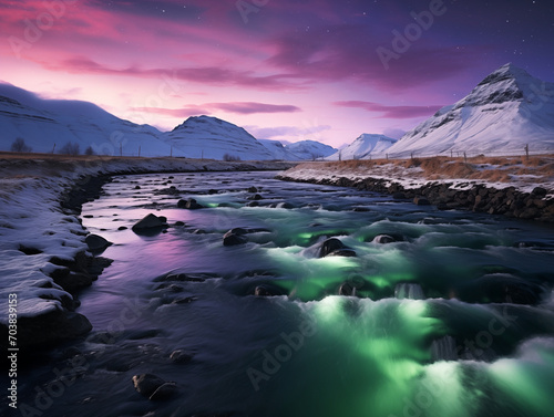 Nothern lights, mountains and lake winter landscape. New Year concept