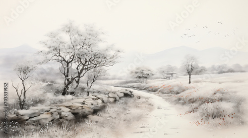 road and view, Chinese Ink wash painting