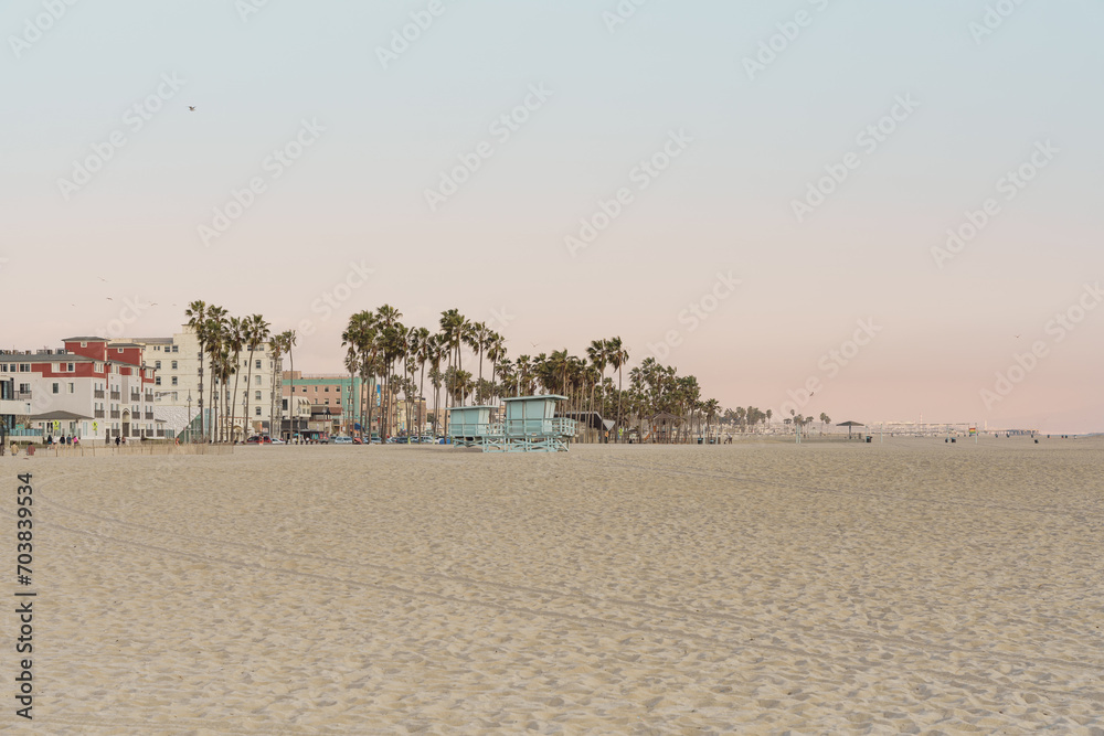 Venice Beach in Venice, Los Angeles, USA. Beach in Southern California. Landscape background with copy space.