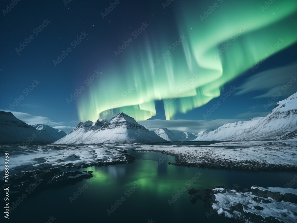 Nothern lights, mountains and lake winter landscape. New Year concept