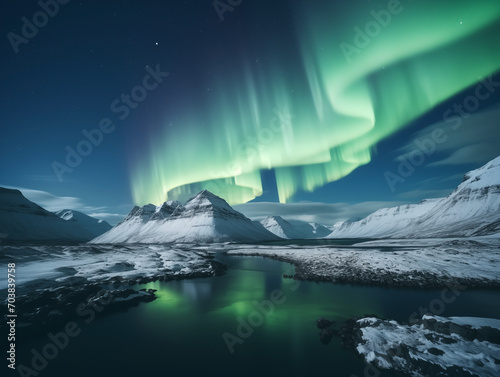 Nothern lights, mountains and lake winter landscape. New Year concept