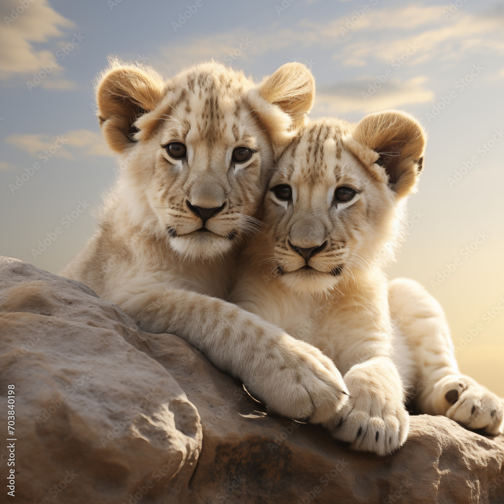 Close up image of two baby, lions cubs sitting in the same position in nature Close up image of two baby, lions cubs sitting in the same position in nature