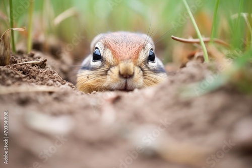 chipmunk with cheeks full near hole in ground photo