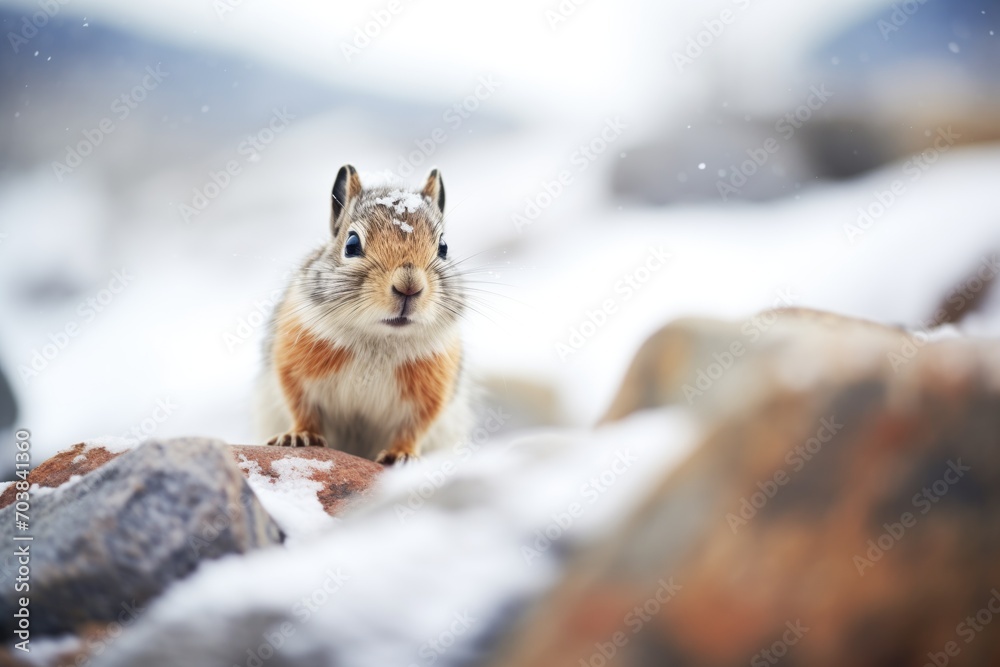 gerbil amongst a rocky landscape dusted with snow gerbil amongst a rocky landscape dusted with snow